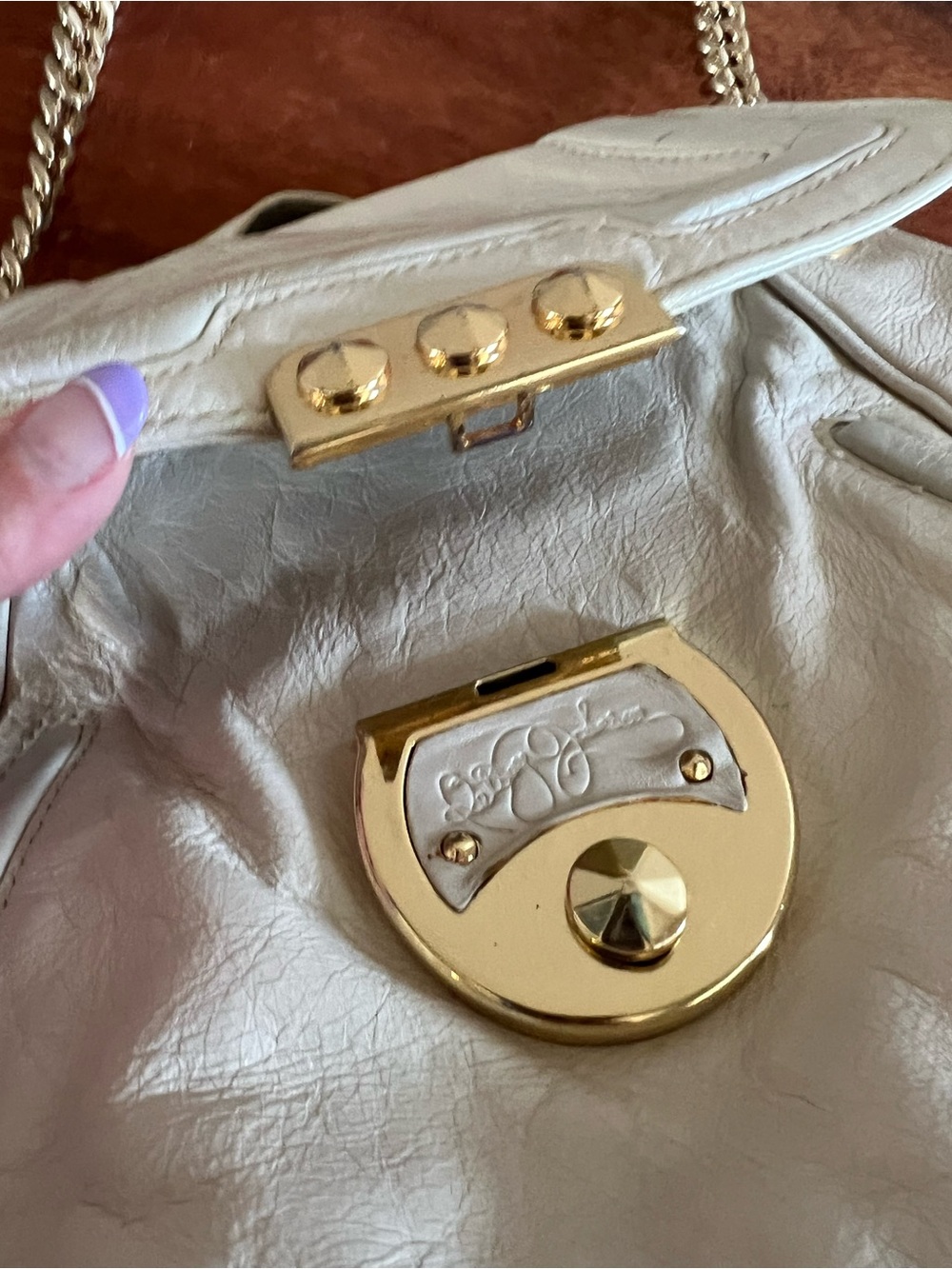 Vintage Betsey Johnson Y2K Full Grain Cow Leather Cream Gold Studs - Picture 11 of 13